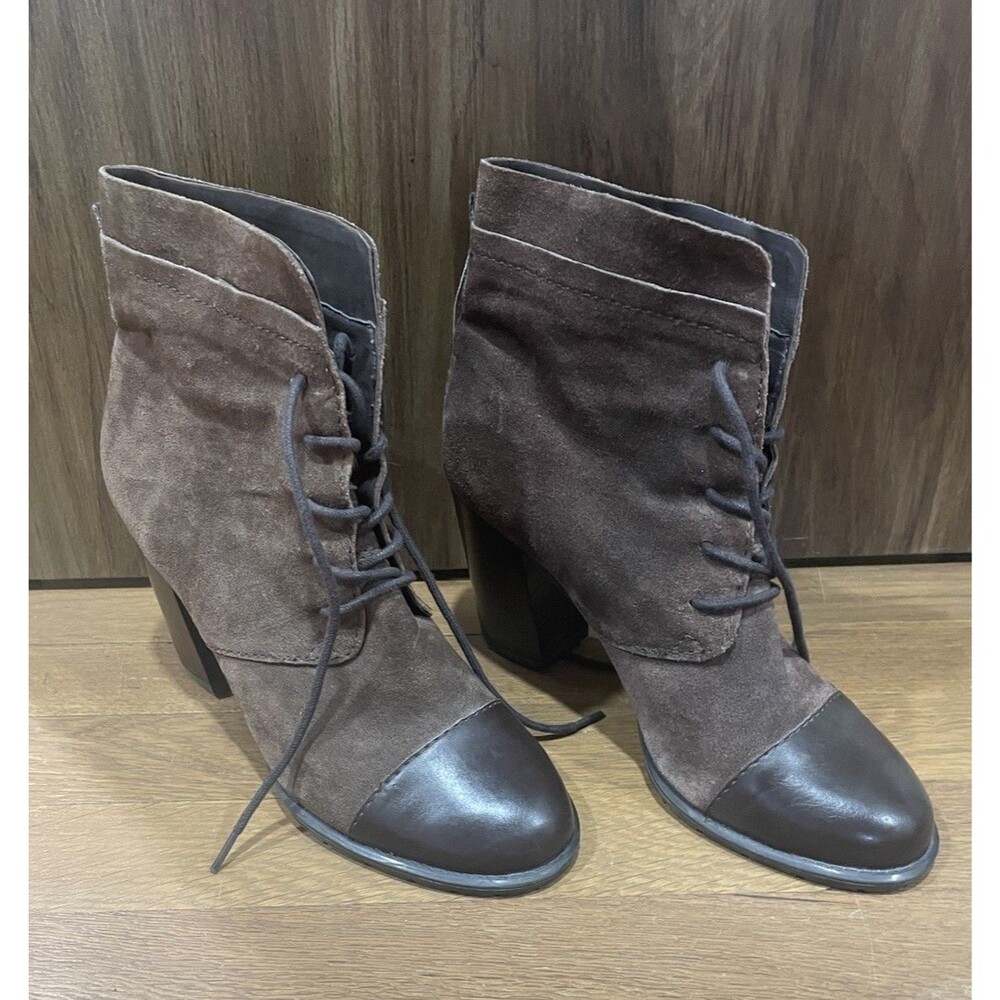 Franco Sarto Ozzie Chocolate Brown Suede Lace Up Block Heel Boots Size 9